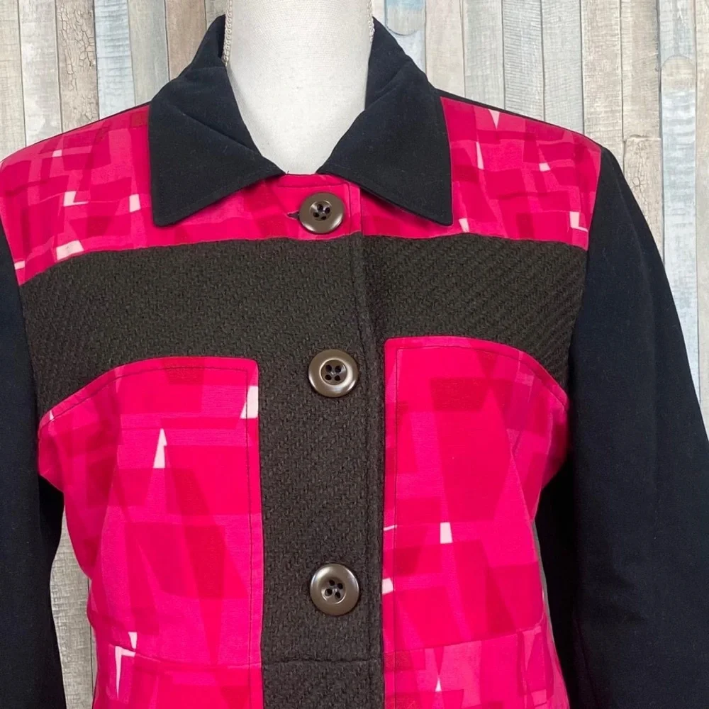 Custo Barcelona 10 Bright Pink Mod Geo Printed Pea Coat Jacket Wool Trim - Picture 4 of 6